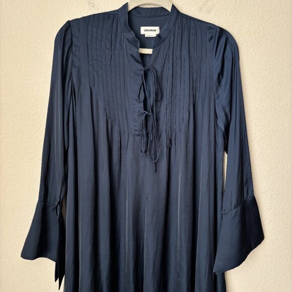 Zadig & Voltaire Raika Satin Tie Neck Navy Long Bell Sleeve Dress - Picture 5 of 13